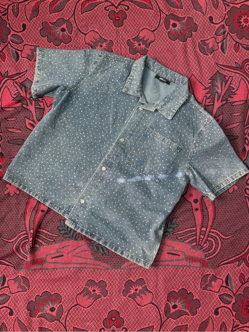 Fashion Nova Blue Short-Sleeve Denim Button-Down with White Dot Print